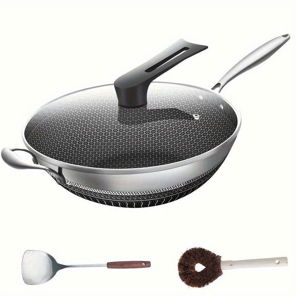 Stainless Steel Wok, 13.3 Inch Non Stick Stir-fry Pan with Lid and Spatula, 2 pcs Kitchen Accessories Gadgets, Compatible with All Cooktops, Kitchen Must Haves, Closeout