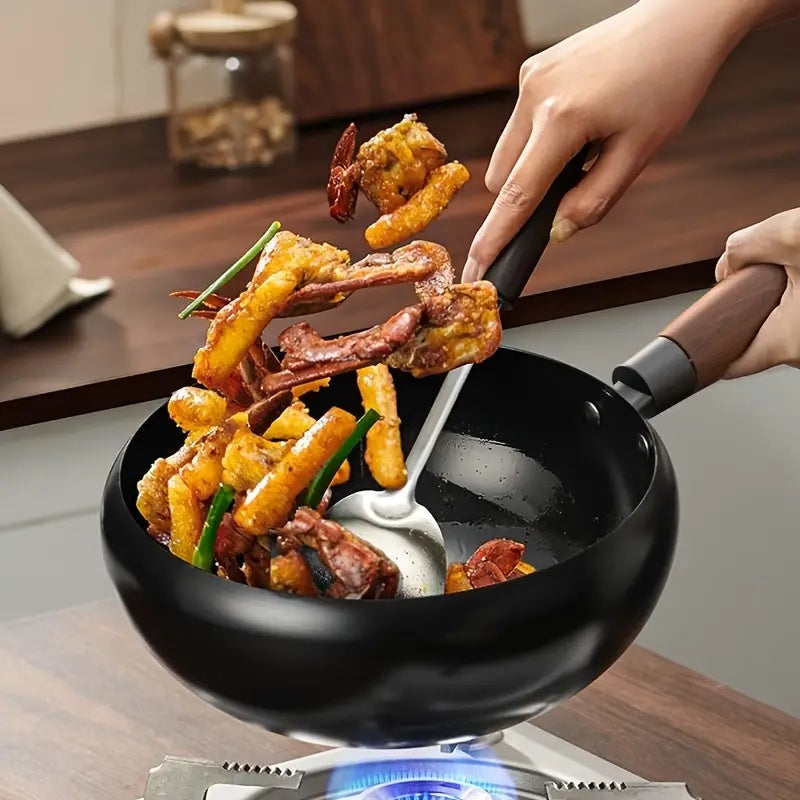 1pc of Suntuup Japanese Iron Skillet, 9.45 Inches in Diameter, Uncoated Cast Iron Frying Pan, Small Wok for Gas Cooking, Round-Bottom Stir Fry Pan with a Wooden Lid, Compatible with Induction And Gas Stoves, Ideal for Home Kitchen Use