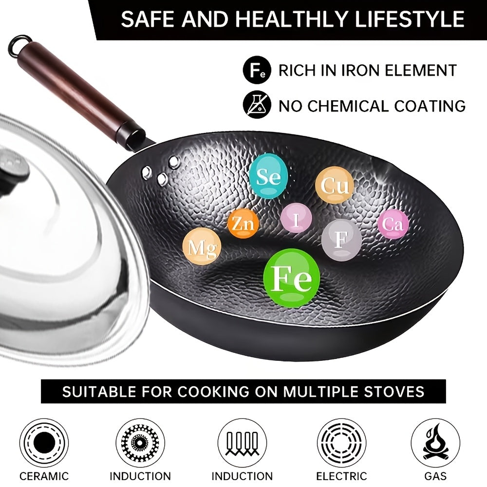 35pcs Woks & Stir-Fry Pans Set with Wooden Lid Cookwares, Cast Iron Wok Pan, No Chemical Coated Flat Bottom Chinese Pan for Induction, Electric, Gas, Halogen All Stoves - 12.6''