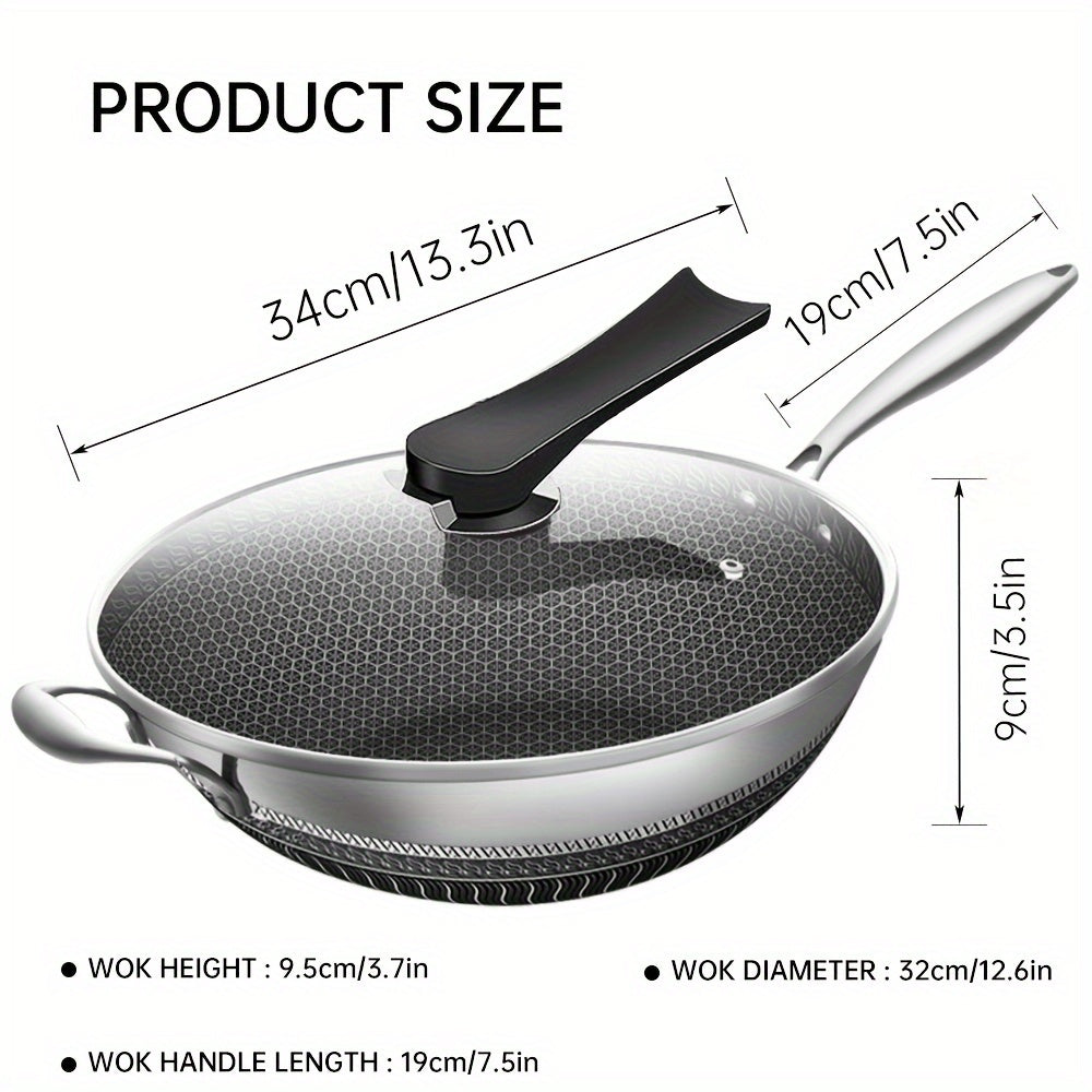 Stainless Steel Wok, 13.3 Inch Non Stick Stir-fry Pan with Lid and Spatula, 2 pcs Kitchen Accessories Gadgets, Compatible with All Cooktops, Kitchen Must Haves, Closeout