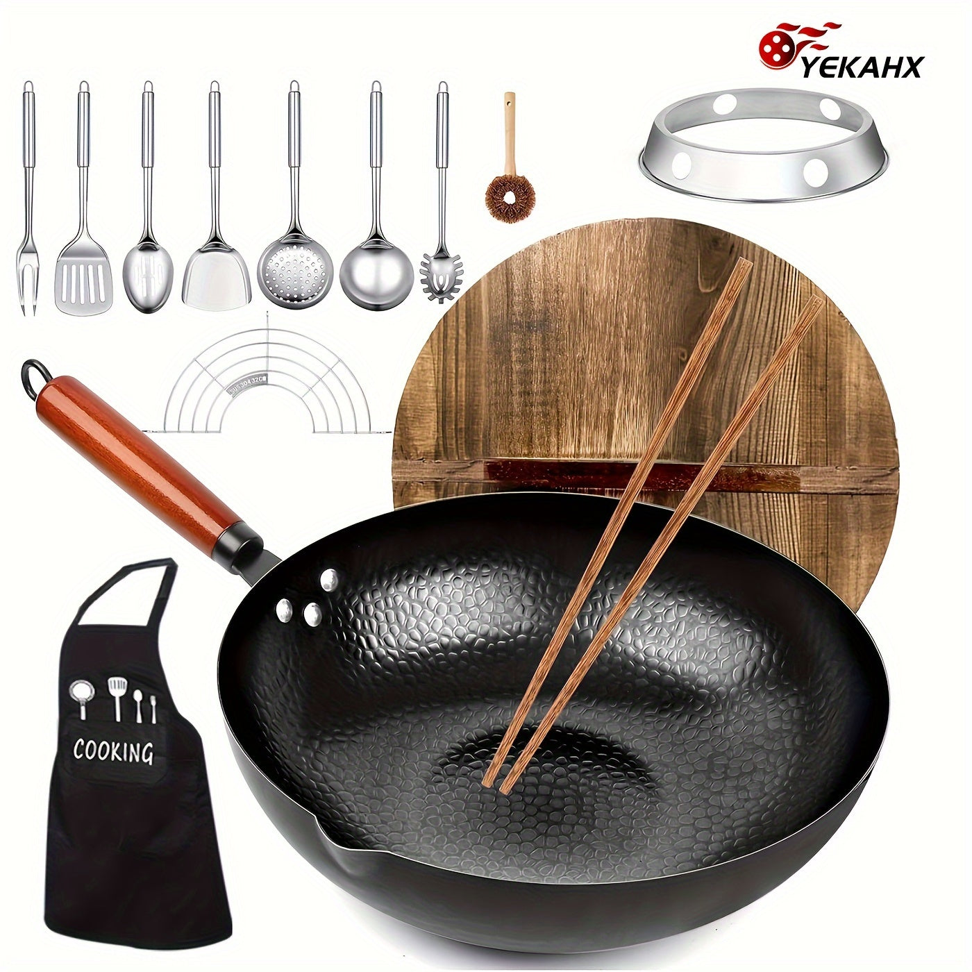 1 Set Of Covered Wok - Non Stick Cast Iron Cookware Frying Pan 12.6 Inches | Suitable for All Stoves, Including 13 Cookware Accessories, Kitchen Utensils, Kitchen Tools, Kitchen Accessories, Kitchen Supplies Camping