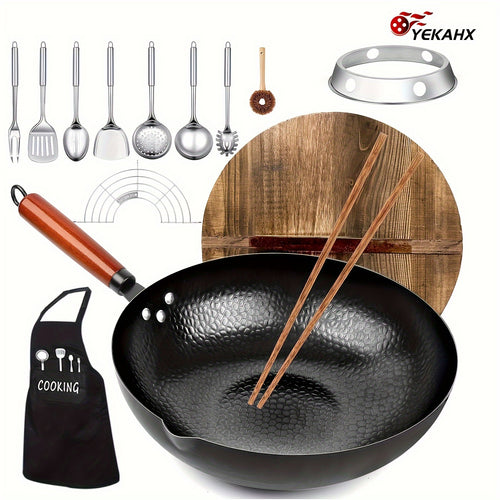 1 Set Of Covered Wok - Non Stick Cast Iron Cookware Frying Pan 12.6 Inches | Suitable for All Stoves, Including 13 Cookware Accessories, Kitchen Utensils, Kitchen Tools, Kitchen Accessories, Kitchen Supplies Camping