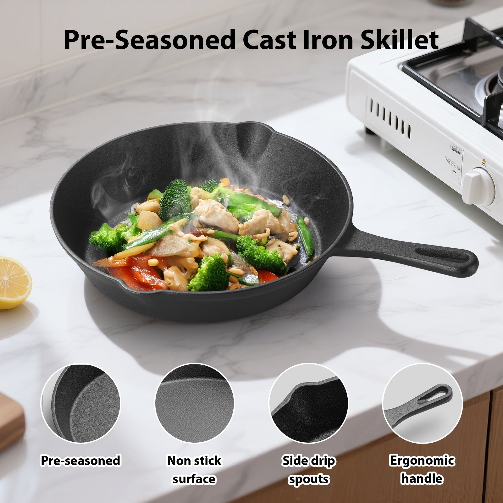 3\u002F4\u002F5pcs Cast Iron Skillet, Heavy-Duty Professional Restaurant Chef Quality Pre-Seasoned Pan Cookware Set, for Frying, Saute, Cooking, Use Indoor\u002FOutdoor, Oven, Grill