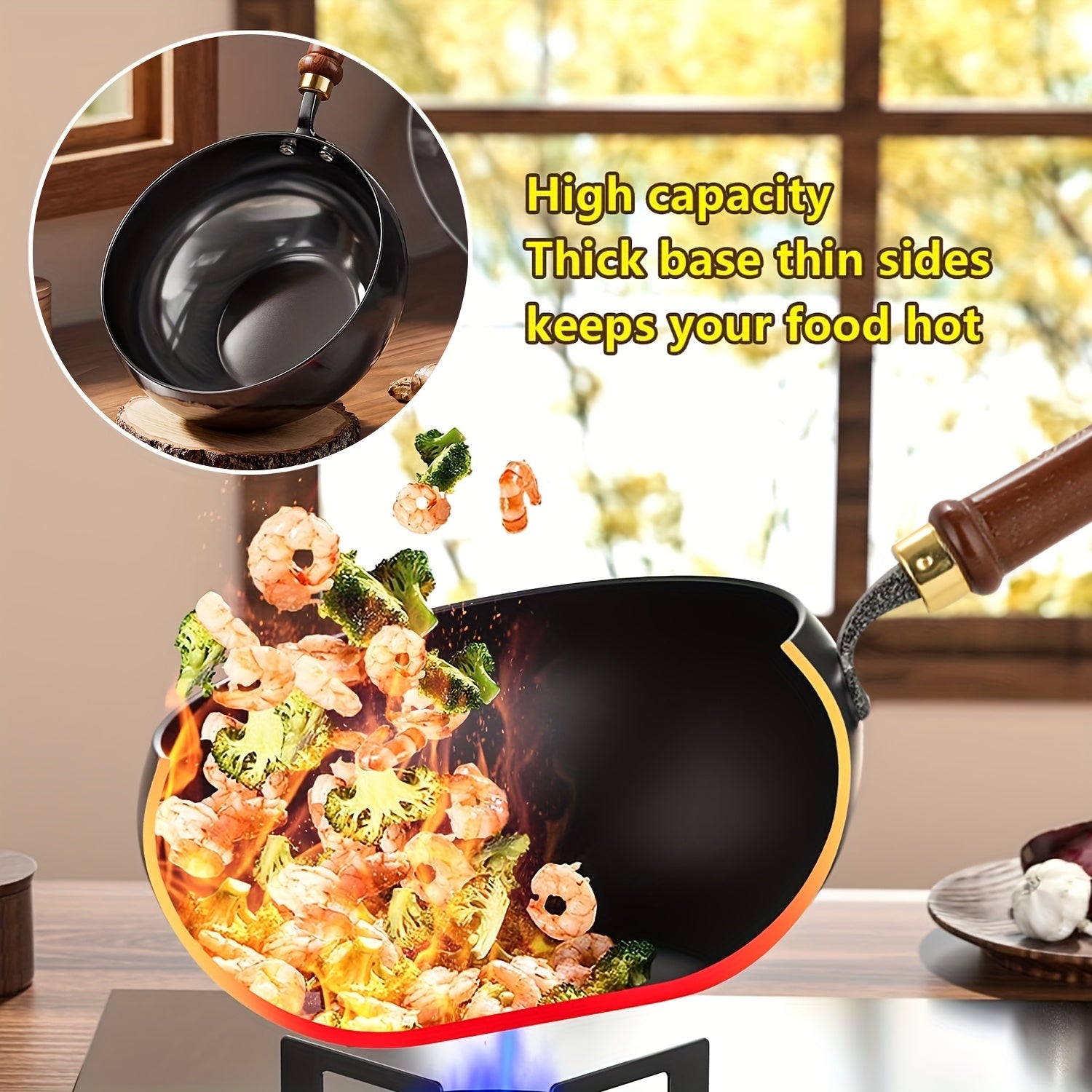 Japanese Cast Iron Wok Large Bellied, Heat Resistant Handle. Suitable for Gas, Induction Other Stoves. This Heavy Duty Non Stick Cookware Is Perfect for All Types Of Cooking, Great for Outdoor Camping, And Works Well for Making Soups, Stewing