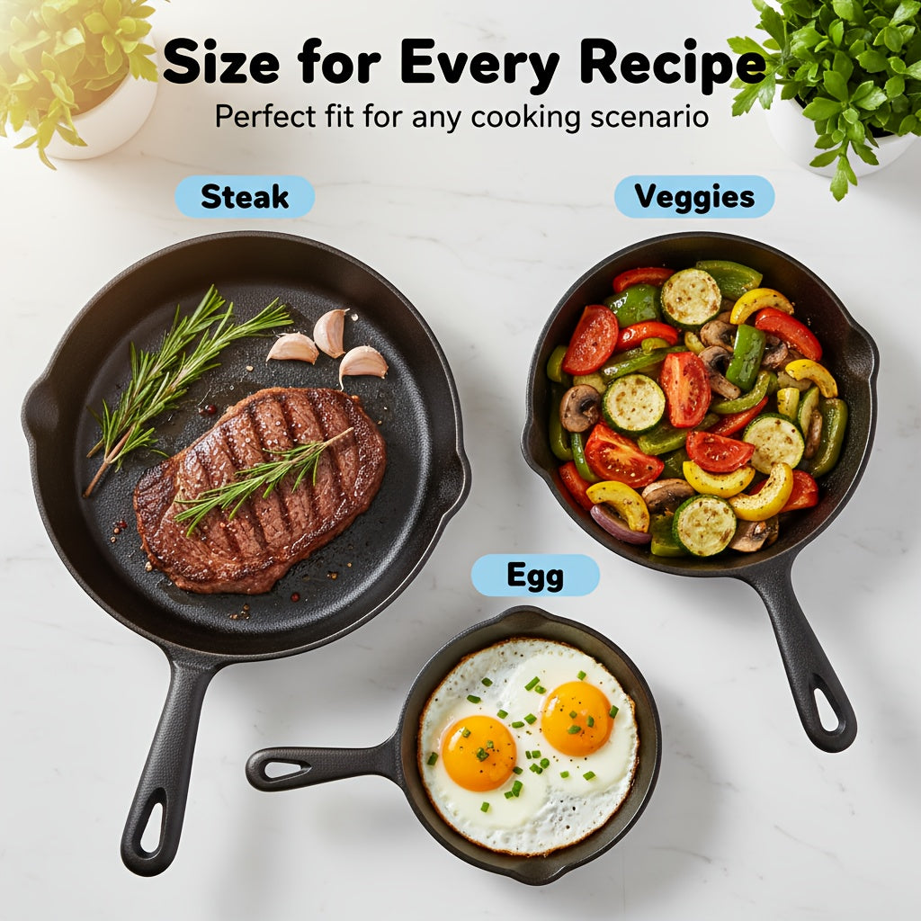 Cast Iron Skillet, Cast Iron Frying Pan Uncoated Set, Frying Pan with Drip Spout, Heavy Duty Pan Cookware, Household Pans, Kitchen Accessories, Home Cooking, Suitable for Frying, Stir-Frying, Cooking, Baking