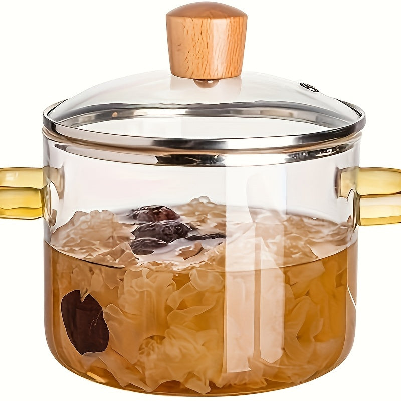 54Oz Borosilicate Glass Cooking Pot with a Yellow Handle, Heat-Resistant And Transparent, Ideal for Soups, Congee, And Suitable for Both Stoves And Ovens. Perfect for Families And Restaurants, Great for Soups, Milk, Ramen