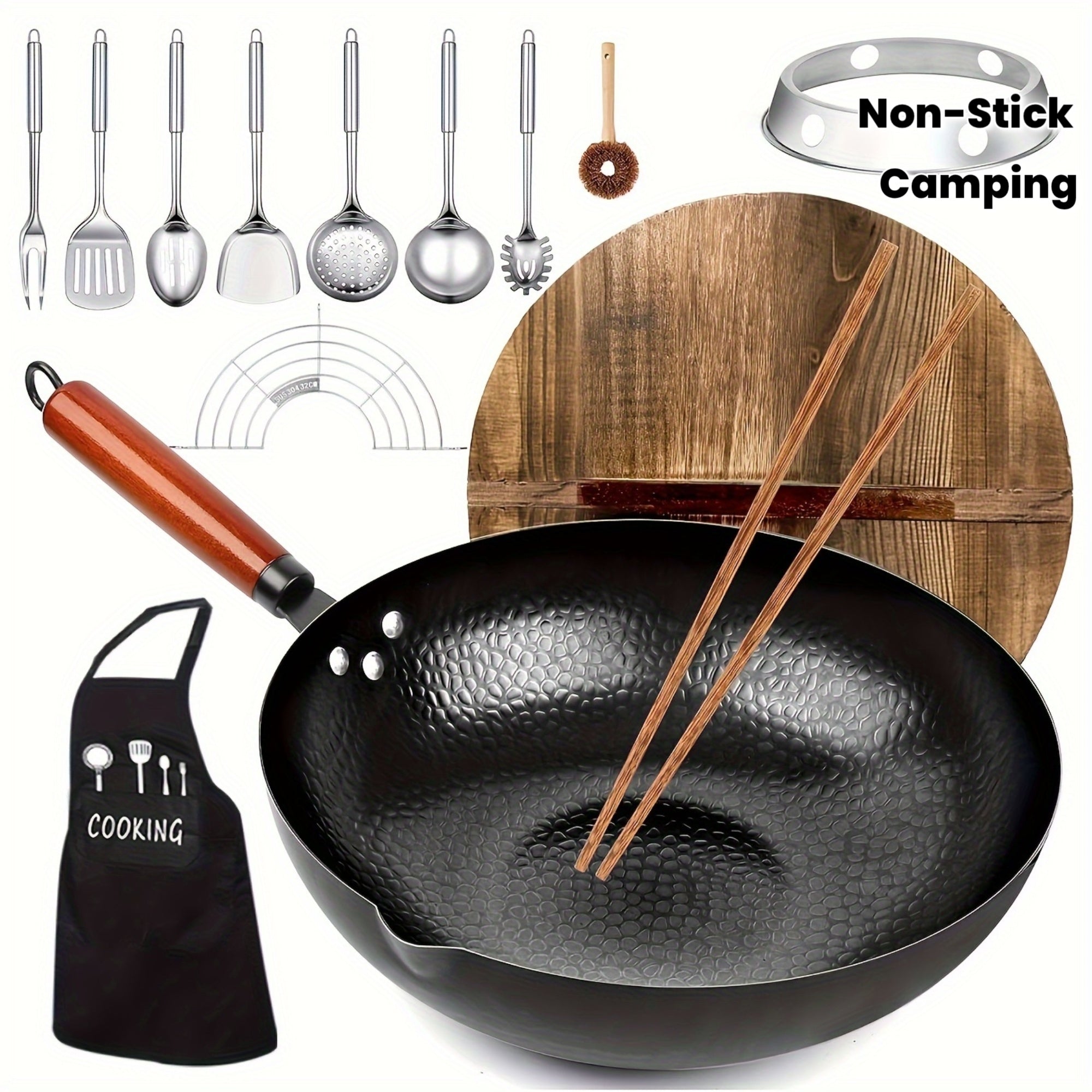 1 Set Of Covered Wok - Non Stick Cast Iron Cookware Frying Pan 12.6 Inches | Suitable for All Stoves, Including 13 Cookware Accessories, Kitchen Utensils, Kitchen Tools, Kitchen Accessories, Kitchen Supplies Camping