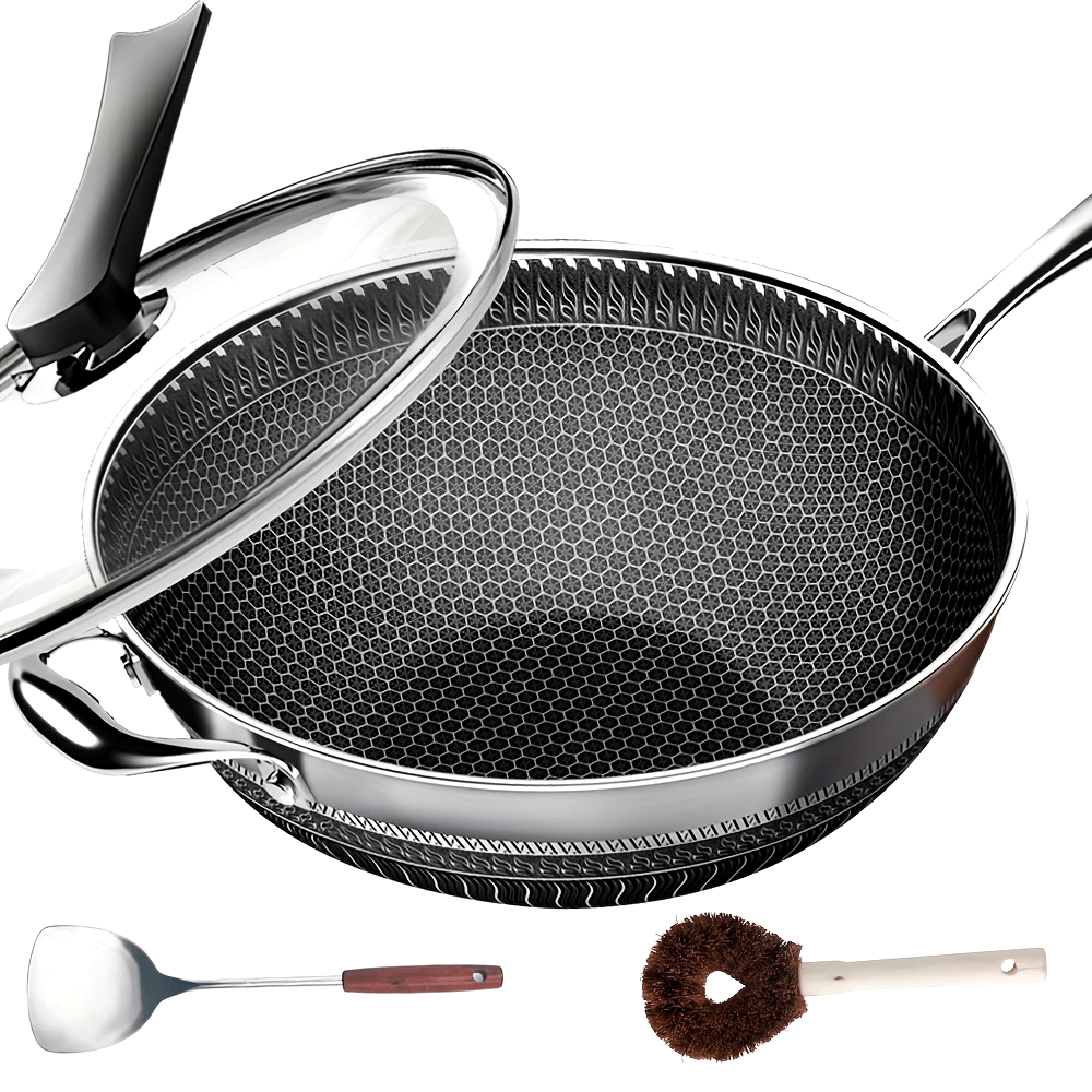 Stainless Steel Wok, 13.3 Inch Non Stick Stir-fry Pan with Lid and Spatula, 2 pcs Kitchen Accessories Gadgets, Compatible with All Cooktops, Kitchen Must Haves, Closeout