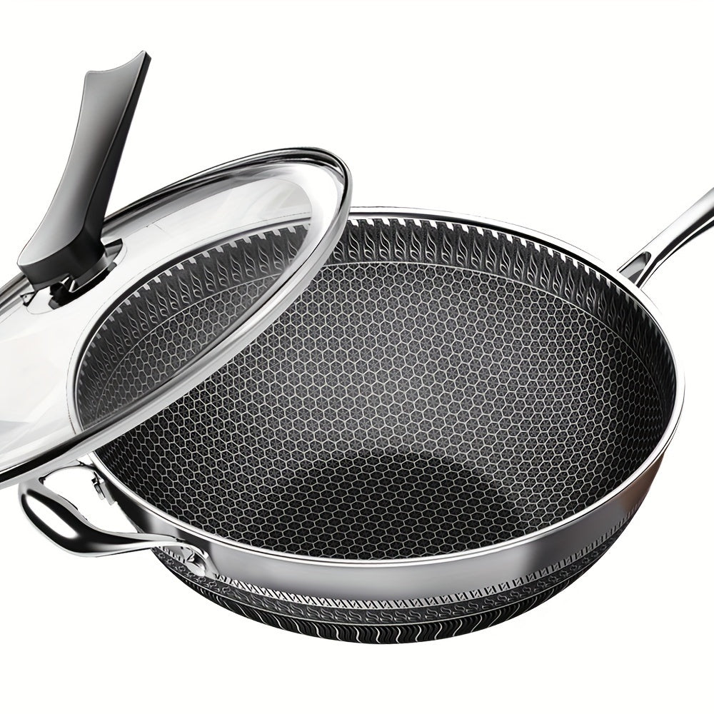 Stainless Steel Wok, 13.3 Inch Non Stick Stir-fry Pan with Lid and Spatula, 2 pcs Kitchen Accessories Gadgets, Compatible with All Cooktops, Kitchen Must Haves, Closeout