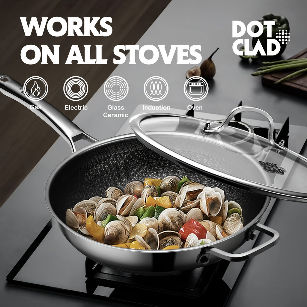 Wok Pan, Hybrid 12 Inch Wok with Lid, PFOA Cookware, Non Stick Stainless Steel Woks & Stir-Fry Pans Nonstick, Dishwasher And Oven Safe, Works on Induction