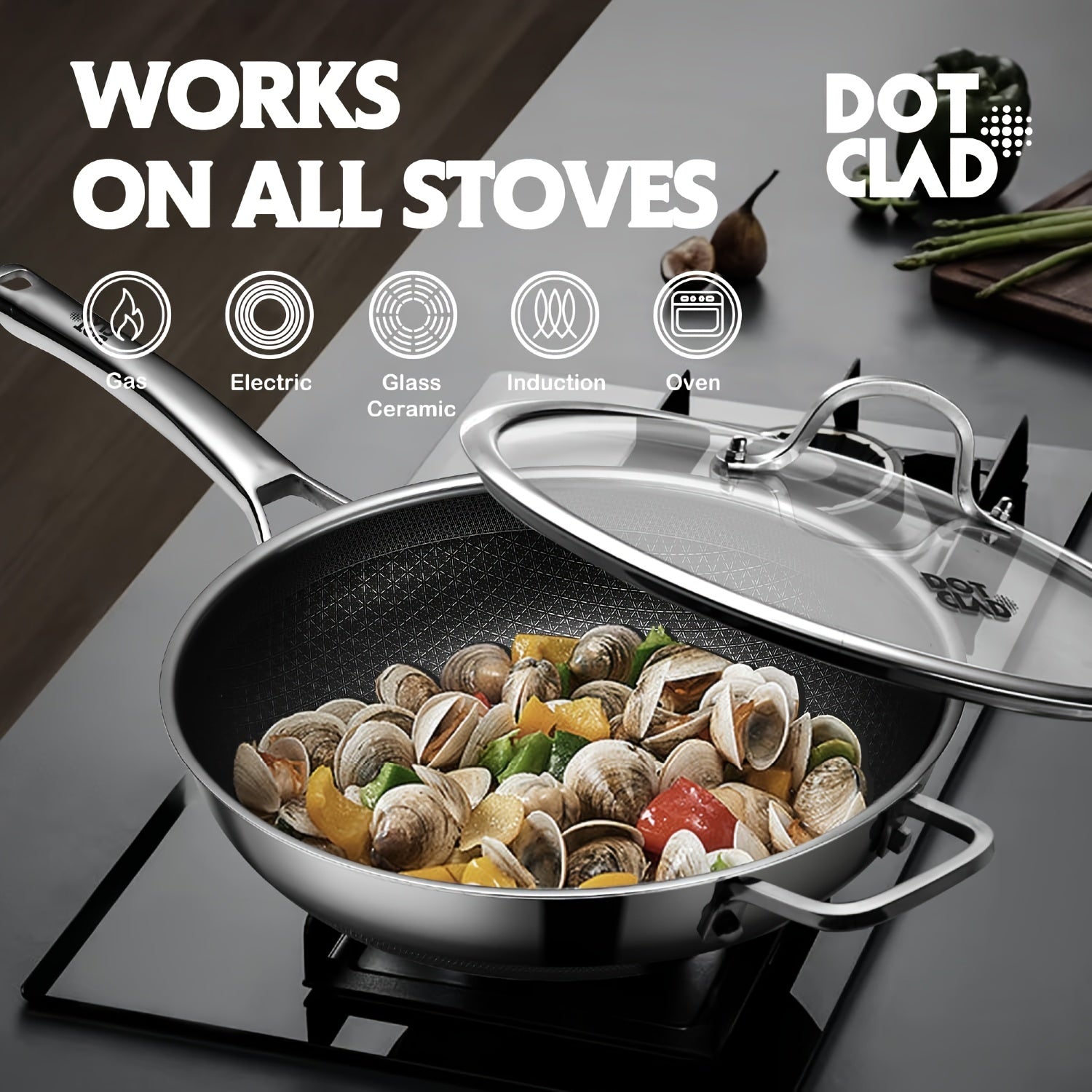 Wok Pan, Hybrid 12 Inch Wok with Lid, PFOA Cookware, Non Stick Stainless Steel Woks & Stir-Fry Pans Nonstick, Dishwasher And Oven Safe, Works on Induction