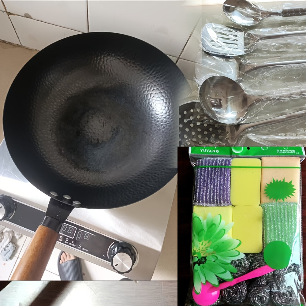 35pcs Woks & Stir-Fry Pans Set with Wooden Lid Cookwares, Cast Iron Wok Pan, No Chemical Coated Flat Bottom Chinese Pan for Induction, Electric, Gas, Halogen All Stoves - 12.6''