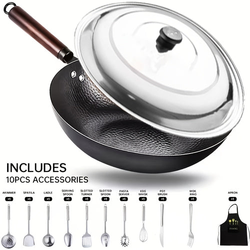35pcs Woks & Stir-Fry Pans Set with Wooden Lid Cookwares, Cast Iron Wok Pan, No Chemical Coated Flat Bottom Chinese Pan for Induction, Electric, Gas, Halogen All Stoves - 12.6''