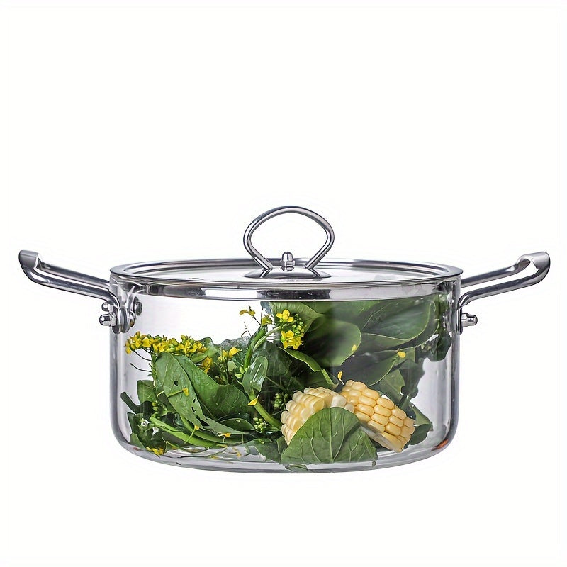 Stainless Steel Handle Glass Stockpot, 7.9in Clear Glass Cookware for Electric Clay Stove\u002FGas Stove, Clear Glass Stewpot with Lid for Mixed Cooking Saucepan, Cooker Heat Cooker Top Pot And Lid, Soup, Milk, Fruit And Spices