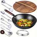 Cast Iron Wok with 11pcs Cookware Accessories, Chinese Wok Pan 12.6 Inch, Stir-fey Pan, Flat Bottom Carbon Stell Wok,, for Induction, Electric, Gas, Halogen, All Stoves, Kitchen Utensils, Kitchen Gadgets, Kitchen Accessories, Home Kitchen Items