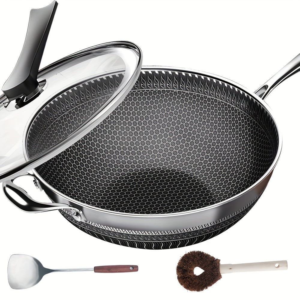 Stainless Steel Wok, 13.3 Inch Non Stick Stir-fry Pan with Lid and Spatula, 2 pcs Kitchen Accessories Gadgets, Compatible with All Cooktops, Kitchen Must Haves, Closeout