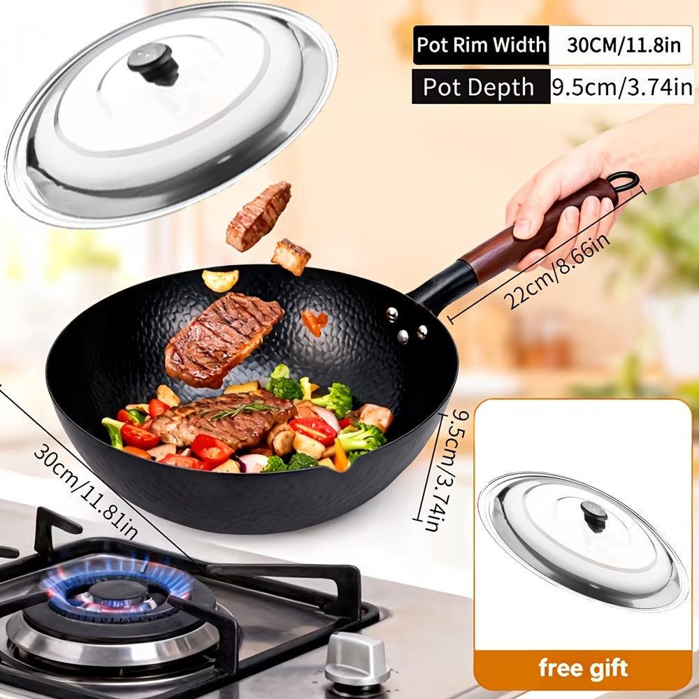 35pcs Woks & Stir-Fry Pans Set with Wooden Lid Cookwares, Cast Iron Wok Pan, No Chemical Coated Flat Bottom Chinese Pan for Induction, Electric, Gas, Halogen All Stoves - 12.6''