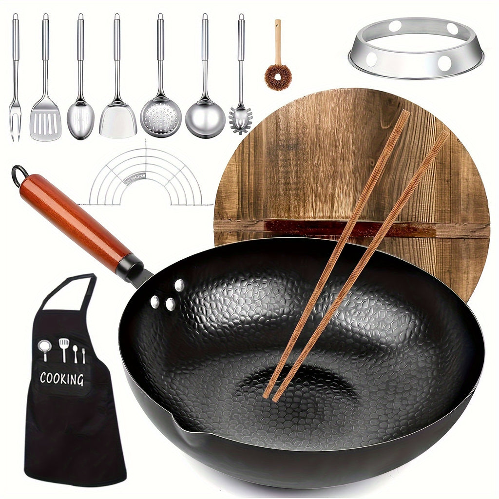 1 Set Of Covered Wok - Non Stick Cast Iron Cookware Frying Pan 12.6 Inches | Suitable for All Stoves, Including 13 Cookware Accessories, Kitchen Utensils, Kitchen Tools, Kitchen Accessories, Kitchen Supplies Camping