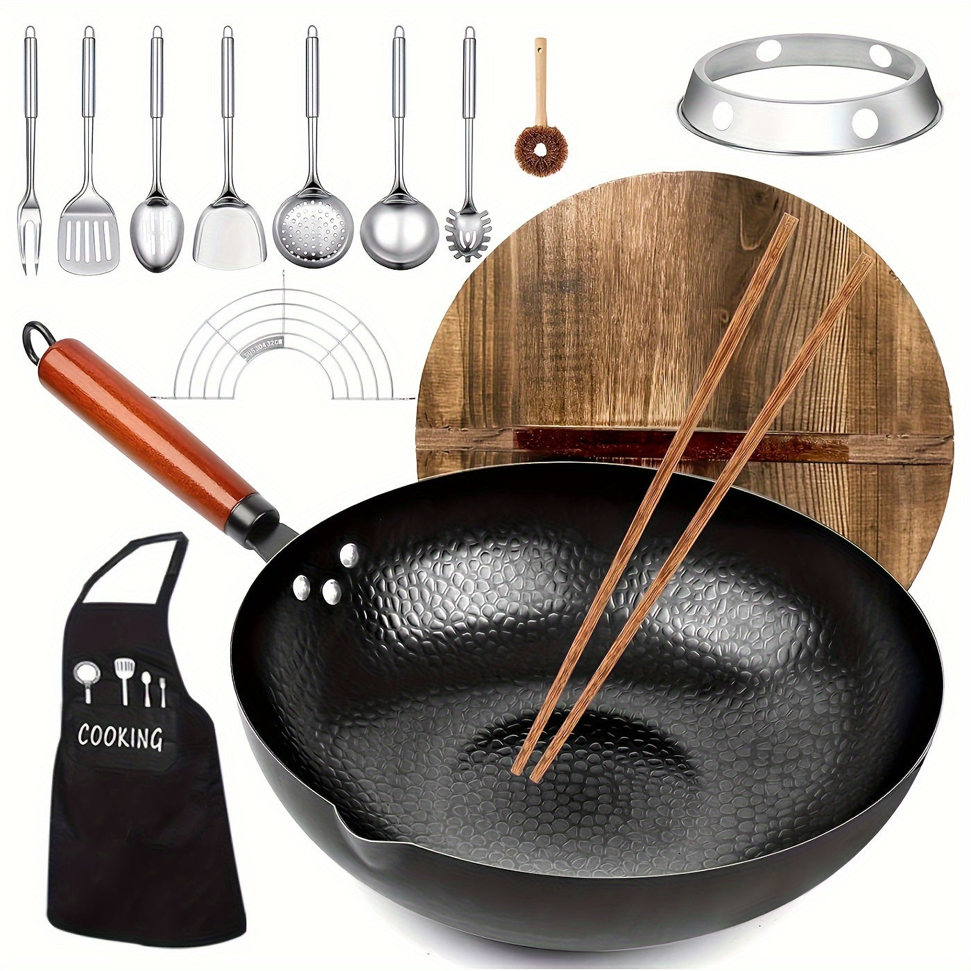 1 Set Of Covered Wok - Non Stick Cast Iron Cookware Frying Pan 12.6 Inches | Suitable for All Stoves, Including 13 Cookware Accessories, Kitchen Utensils, Kitchen Tools, Kitchen Accessories, Kitchen Supplies Camping