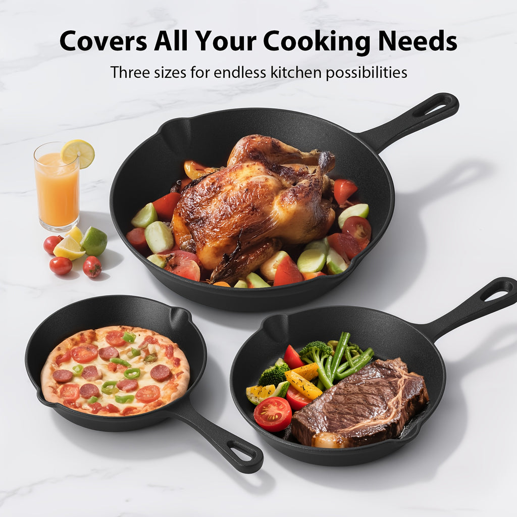 3\u002F4\u002F5pcs Cast Iron Skillet, Heavy-Duty Professional Restaurant Chef Quality Pre-Seasoned Pan Cookware Set, for Frying, Saute, Cooking, Use Indoor\u002FOutdoor, Oven, Grill