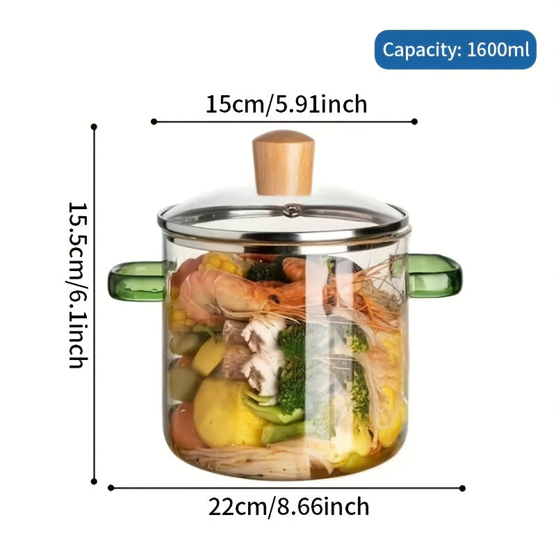 54Oz Borosilicate Glass Cooking Pot with a Yellow Handle, Heat-Resistant And Transparent, Ideal for Soups, Congee, And Suitable for Both Stoves And Ovens. Perfect for Families And Restaurants, Great for Soups, Milk, Ramen