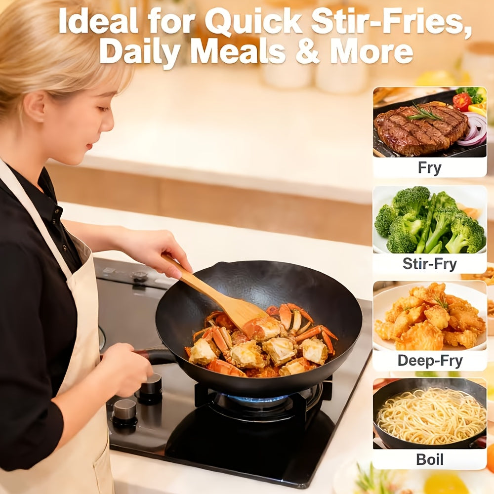 35pcs Woks & Stir-Fry Pans Set with Wooden Lid Cookwares, Cast Iron Wok Pan, No Chemical Coated Flat Bottom Chinese Pan for Induction, Electric, Gas, Halogen All Stoves - 12.6''