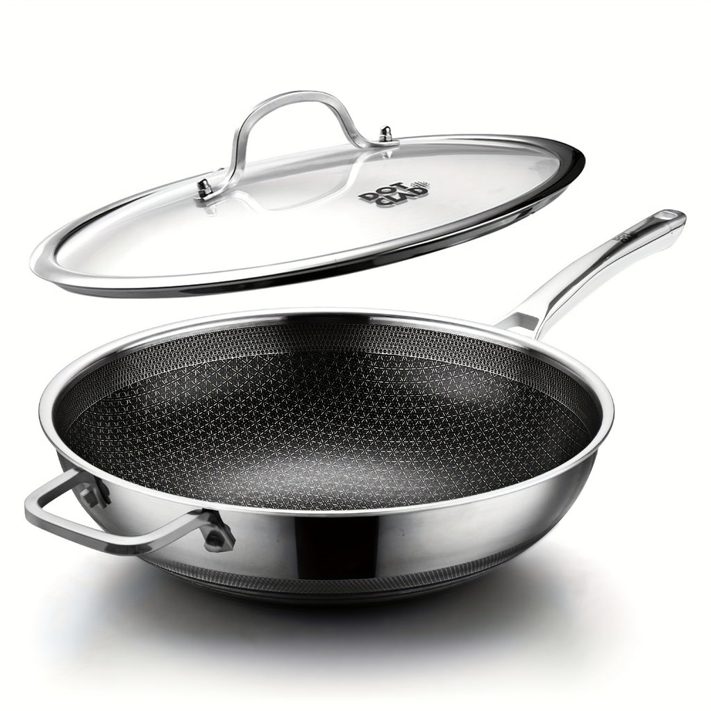 Wok Pan, Hybrid 12 Inch Wok with Lid, PFOA Cookware, Non Stick Stainless Steel Woks & Stir-Fry Pans Nonstick, Dishwasher And Oven Safe, Works on Induction