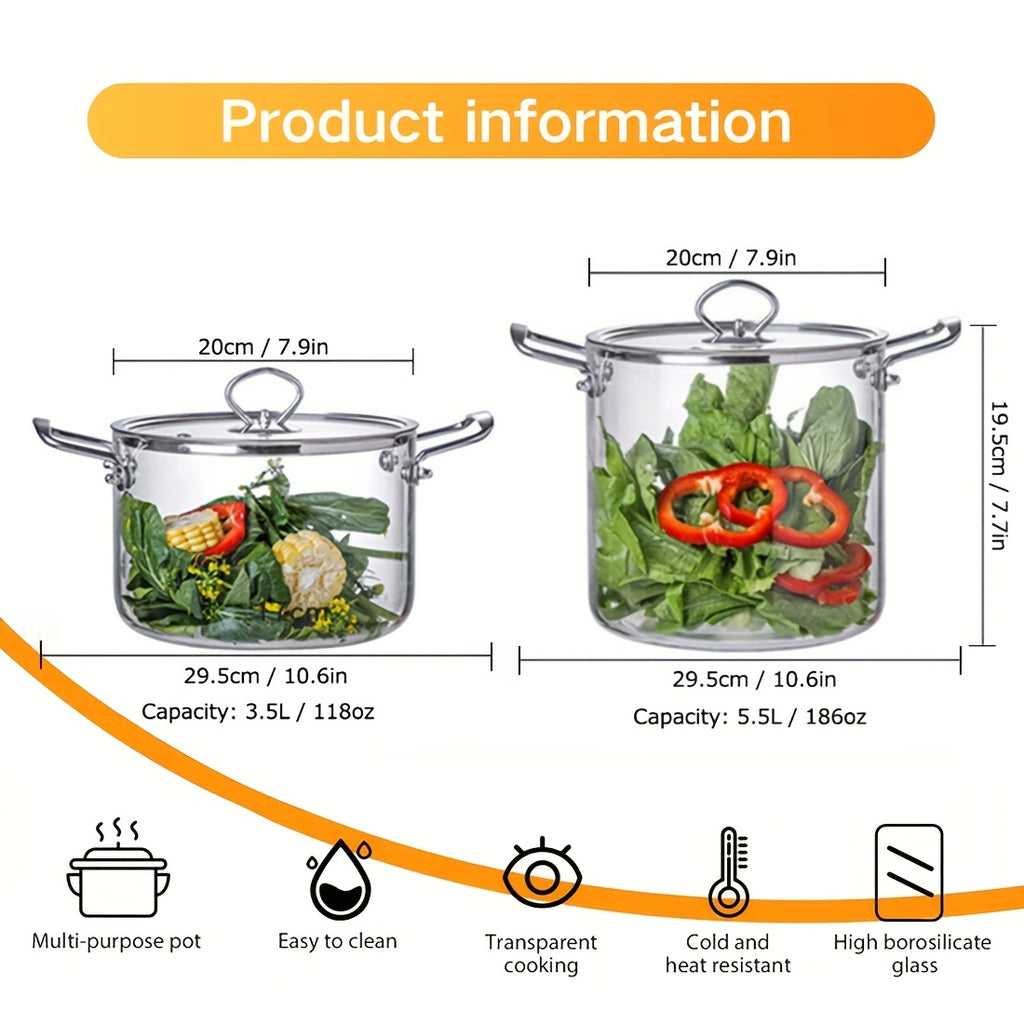 Stainless Steel Handle Glass Stockpot, 7.9in Clear Glass Cookware for Electric Clay Stove\u002FGas Stove, Clear Glass Stewpot with Lid for Mixed Cooking Saucepan, Cooker Heat Cooker Top Pot And Lid, Soup, Milk, Fruit And Spices