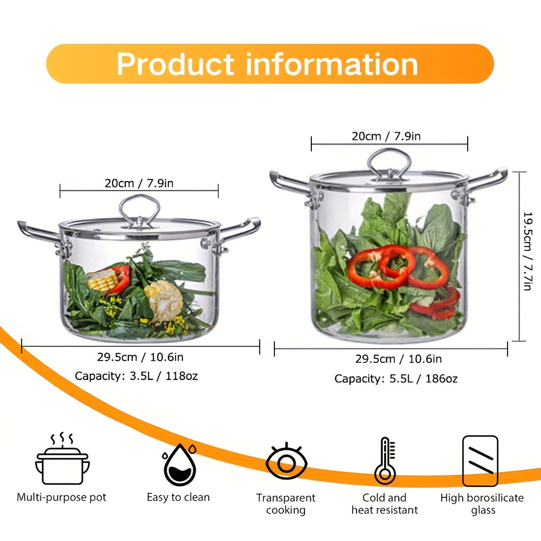 Stainless Steel Handle Glass Stockpot, 7.9in Clear Glass Cookware for Electric Clay Stove\u002FGas Stove, Clear Glass Stewpot with Lid for Mixed Cooking Saucepan, Cooker Heat Cooker Top Pot And Lid, Soup, Milk, Fruit And Spices