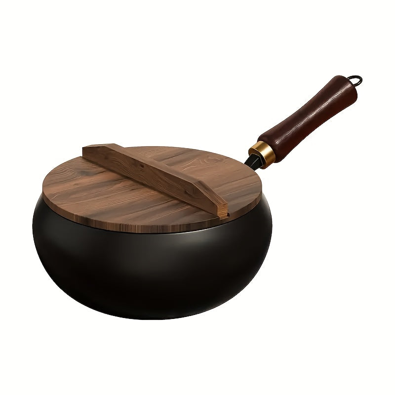 1pc of Suntuup Japanese Iron Skillet, 9.45 Inches in Diameter, Uncoated Cast Iron Frying Pan, Small Wok for Gas Cooking, Round-Bottom Stir Fry Pan with a Wooden Lid, Compatible with Induction And Gas Stoves, Ideal for Home Kitchen Use