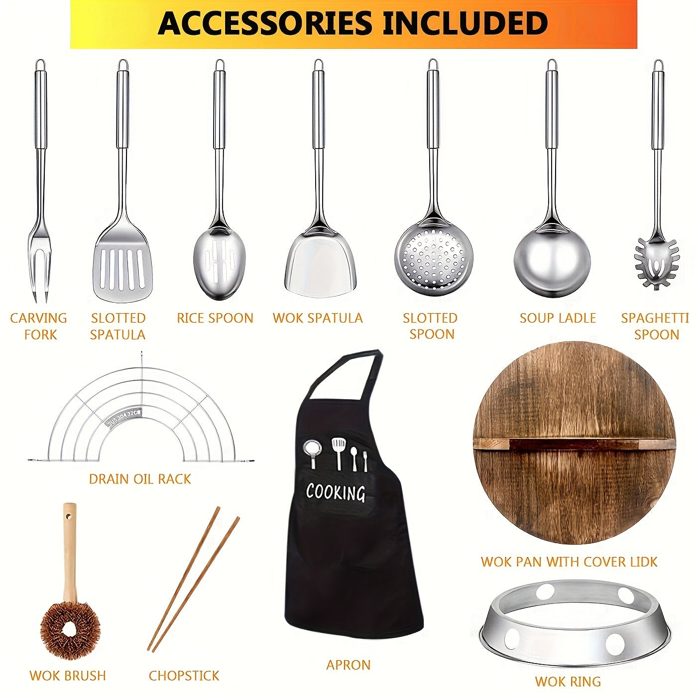 1 Set Of Covered Wok - Non Stick Cast Iron Cookware Frying Pan 12.6 Inches | Suitable for All Stoves, Including 13 Cookware Accessories, Kitchen Utensils, Kitchen Tools, Kitchen Accessories, Kitchen Supplies Camping