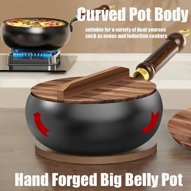 1pc of Suntuup Japanese Iron Skillet, 9.45 Inches in Diameter, Uncoated Cast Iron Frying Pan, Small Wok for Gas Cooking, Round-Bottom Stir Fry Pan with a Wooden Lid, Compatible with Induction And Gas Stoves, Ideal for Home Kitchen Use