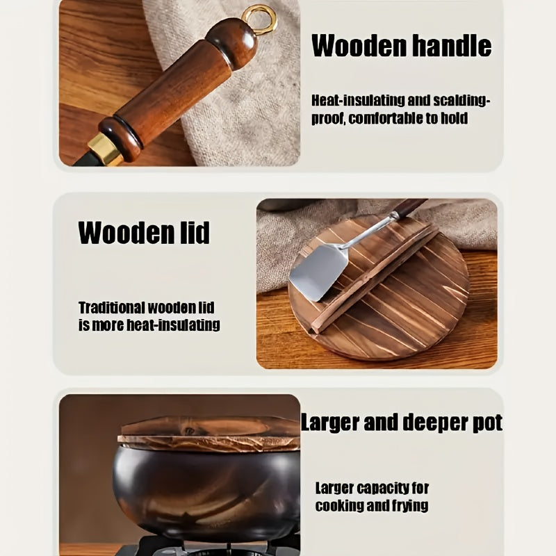 1pc of Suntuup Japanese Iron Skillet, 9.45 Inches in Diameter, Uncoated Cast Iron Frying Pan, Small Wok for Gas Cooking, Round-Bottom Stir Fry Pan with a Wooden Lid, Compatible with Induction And Gas Stoves, Ideal for Home Kitchen Use