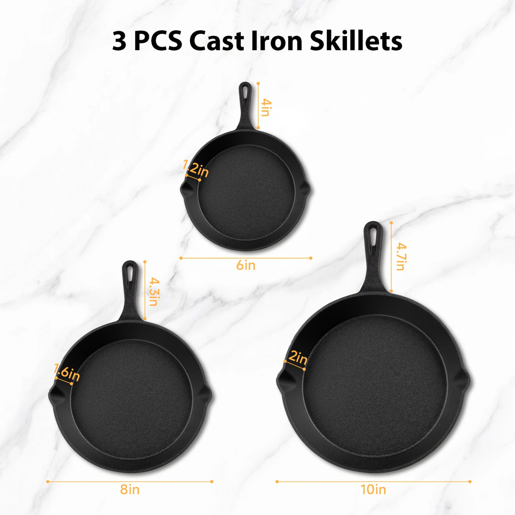 3\u002F4\u002F5pcs Cast Iron Skillet, Heavy-Duty Professional Restaurant Chef Quality Pre-Seasoned Pan Cookware Set, for Frying, Saute, Cooking, Use Indoor\u002FOutdoor, Oven, Grill