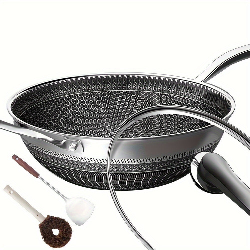 Stainless Steel Wok, 13.3 Inch Non Stick Stir-fry Pan with Lid and Spatula, 2 pcs Kitchen Accessories Gadgets, Compatible with All Cooktops, Kitchen Must Haves, Closeout