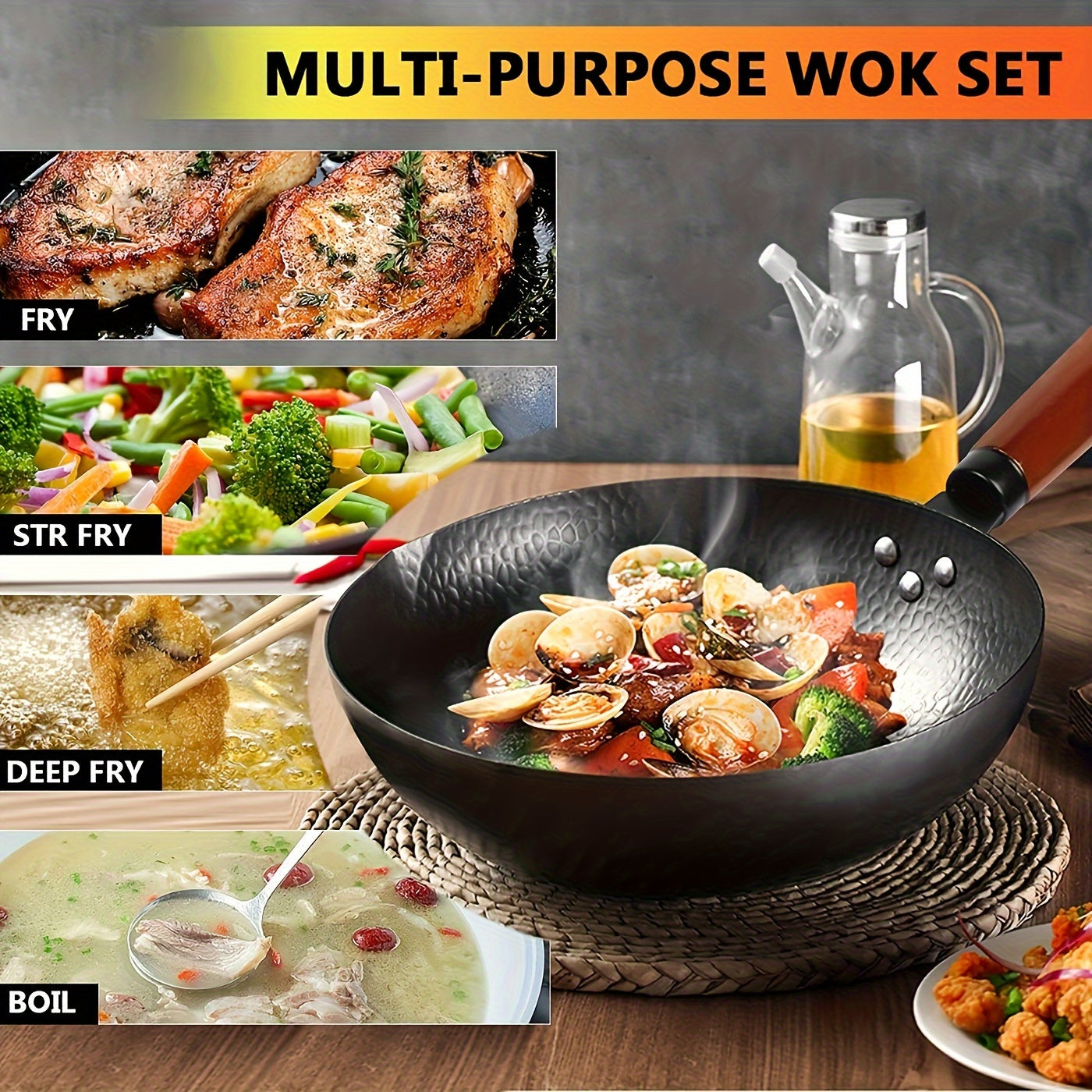 1 Set Of Covered Wok - Non Stick Cast Iron Cookware Frying Pan 12.6 Inches | Suitable for All Stoves, Including 13 Cookware Accessories, Kitchen Utensils, Kitchen Tools, Kitchen Accessories, Kitchen Supplies Camping