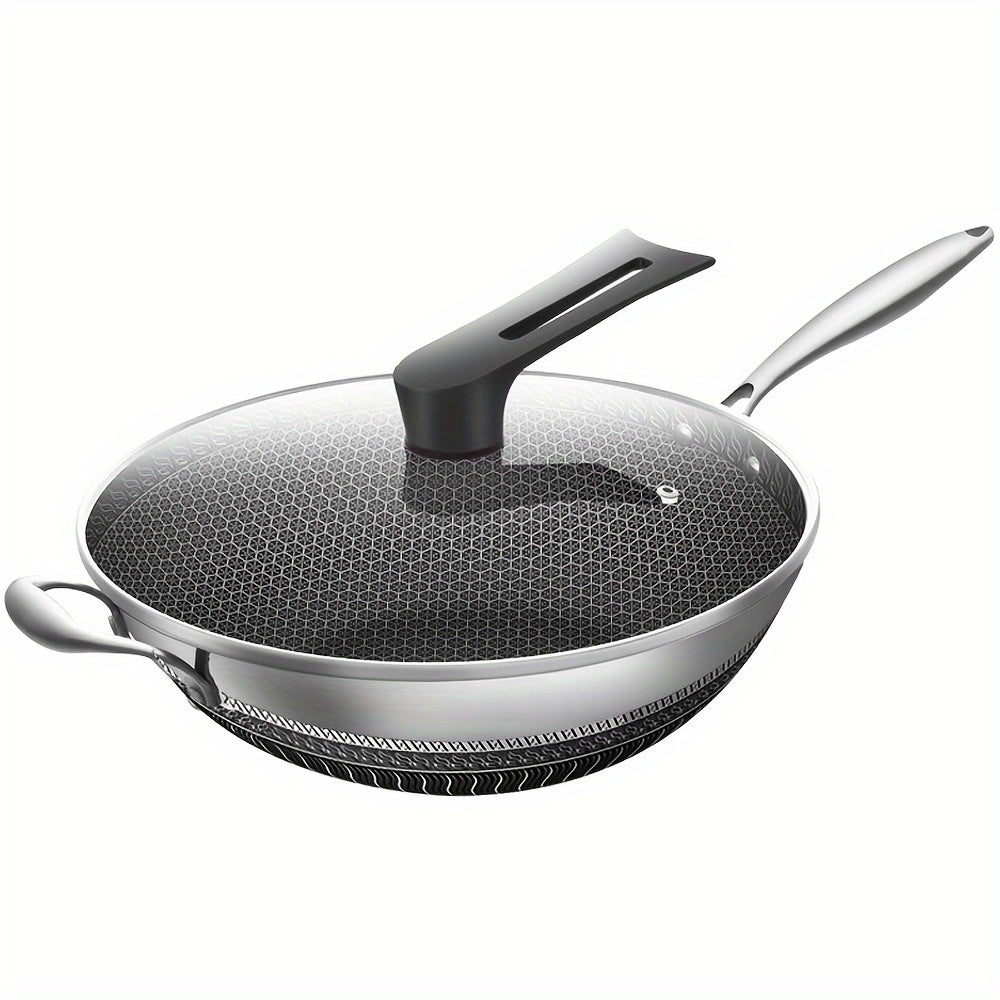Stainless Steel Wok, 13.3 Inch Non Stick Stir-fry Pan with Lid and Spatula, 2 pcs Kitchen Accessories Gadgets, Compatible with All Cooktops, Kitchen Must Haves, Closeout