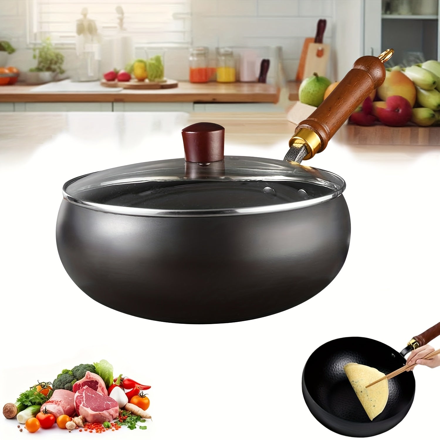 Japanese Cast Iron Wok Large Bellied, Heat Resistant Handle. Suitable for Gas, Induction Other Stoves. This Heavy Duty Non Stick Cookware Is Perfect for All Types Of Cooking, Great for Outdoor Camping, And Works Well for Making Soups, Stewing
