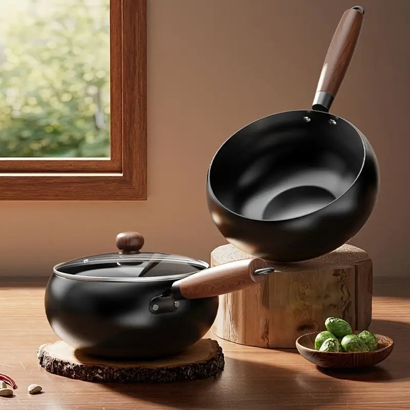 1pc of Suntuup Japanese Iron Skillet, 9.45 Inches in Diameter, Uncoated Cast Iron Frying Pan, Small Wok for Gas Cooking, Round-Bottom Stir Fry Pan with a Wooden Lid, Compatible with Induction And Gas Stoves, Ideal for Home Kitchen Use