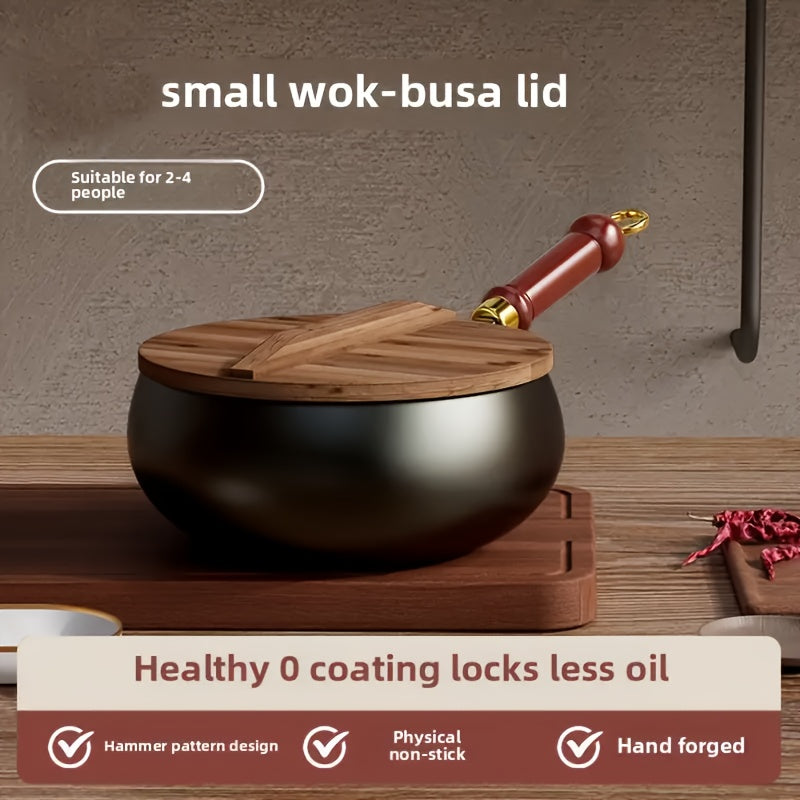 1pc of Suntuup Japanese Iron Skillet, 9.45 Inches in Diameter, Uncoated Cast Iron Frying Pan, Small Wok for Gas Cooking, Round-Bottom Stir Fry Pan with a Wooden Lid, Compatible with Induction And Gas Stoves, Ideal for Home Kitchen Use