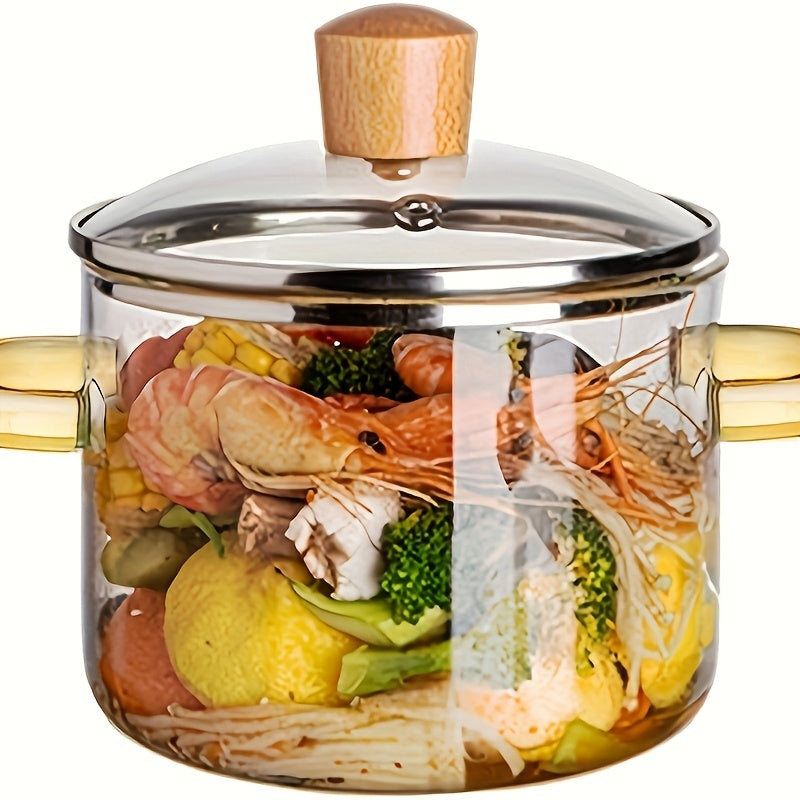 54Oz Borosilicate Glass Cooking Pot with a Yellow Handle, Heat-Resistant And Transparent, Ideal for Soups, Congee, And Suitable for Both Stoves And Ovens. Perfect for Families And Restaurants, Great for Soups, Milk, Ramen
