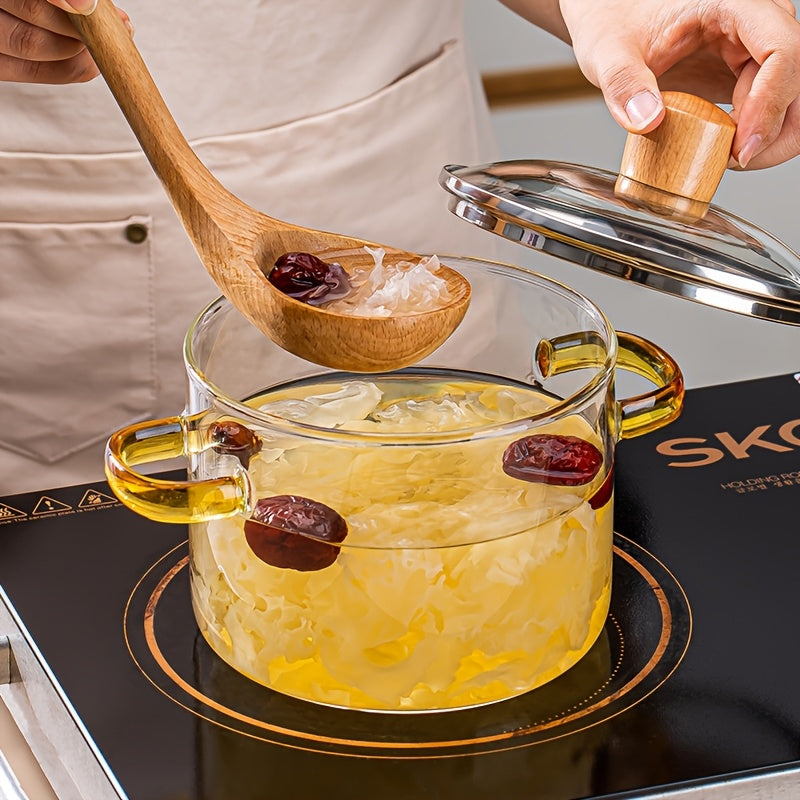 54Oz Borosilicate Glass Cooking Pot with a Yellow Handle, Heat-Resistant And Transparent, Ideal for Soups, Congee, And Suitable for Both Stoves And Ovens. Perfect for Families And Restaurants, Great for Soups, Milk, Ramen
