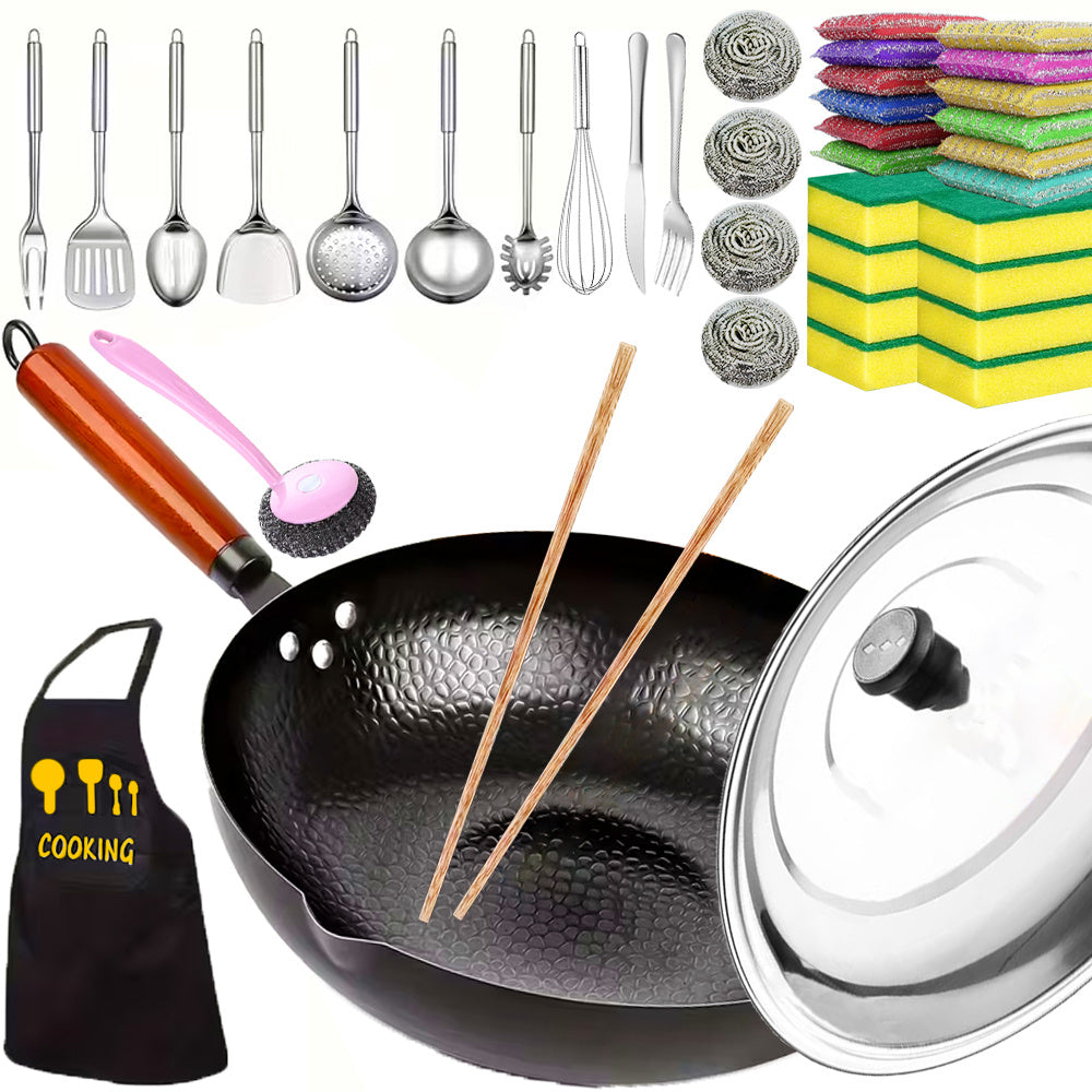 35pcs Woks & Stir-Fry Pans Set with Wooden Lid Cookwares, Cast Iron Wok Pan, No Chemical Coated Flat Bottom Chinese Pan for Induction, Electric, Gas, Halogen All Stoves - 12.6''