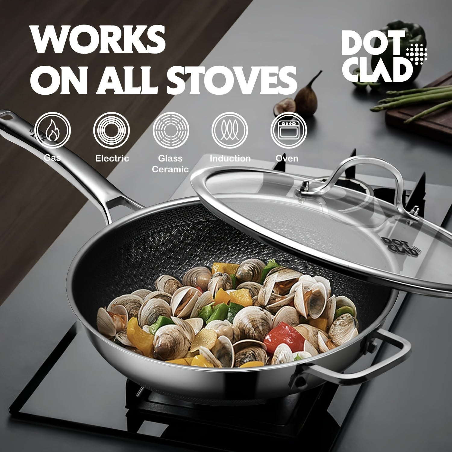 Hybrid 12-Inch Wok with Lid, Pfoa-Free Cookware, Non-Stick Stainless Steel Woks And Stir-Fry Pans, Safe for Dishwasher And Oven, Compatible with Induction Cooking