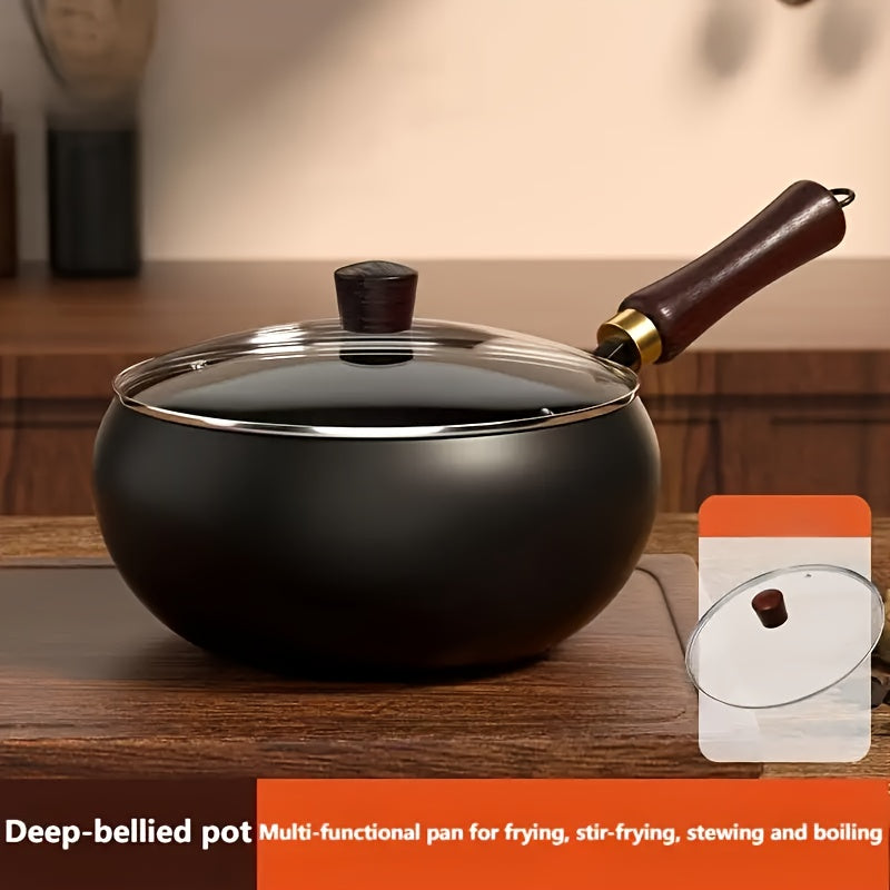 1pc of Suntuup Japanese Iron Skillet, 9.45 Inches in Diameter, Uncoated Cast Iron Frying Pan, Small Wok for Gas Cooking, Round-Bottom Stir Fry Pan with a Wooden Lid, Compatible with Induction And Gas Stoves, Ideal for Home Kitchen Use
