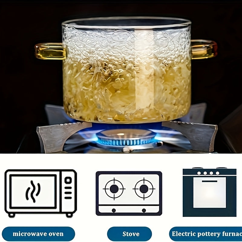 54Oz Borosilicate Glass Cooking Pot with a Yellow Handle, Heat-Resistant And Transparent, Ideal for Soups, Congee, And Suitable for Both Stoves And Ovens. Perfect for Families And Restaurants, Great for Soups, Milk, Ramen