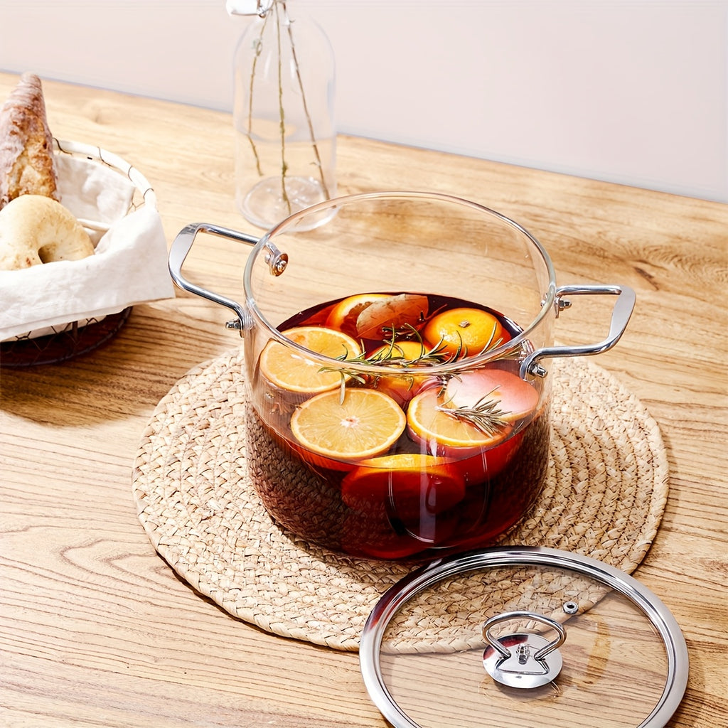 Stainless Steel Handle Glass Stockpot, 7.9in Clear Glass Cookware for Electric Clay Stove\u002FGas Stove, Clear Glass Stewpot with Lid for Mixed Cooking Saucepan, Cooker Heat Cooker Top Pot And Lid, Soup, Milk, Fruit And Spices