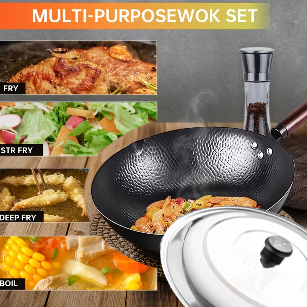 35pcs Woks & Stir-Fry Pans Set with Wooden Lid Cookwares, Cast Iron Wok Pan, No Chemical Coated Flat Bottom Chinese Pan for Induction, Electric, Gas, Halogen All Stoves - 12.6''